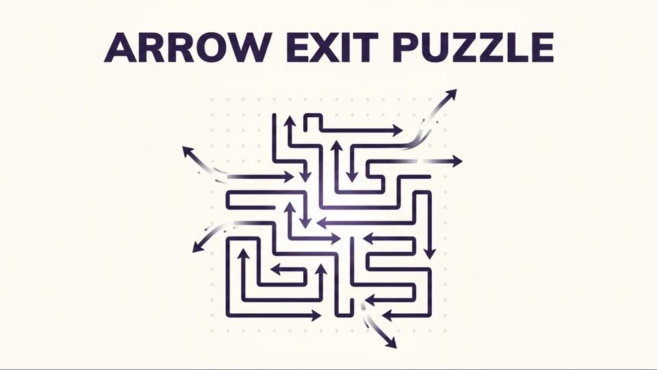 A tangle of dark winding arrows on a cream grid, some sliding off the edges, under the words Arrow Exit Puzzle.
