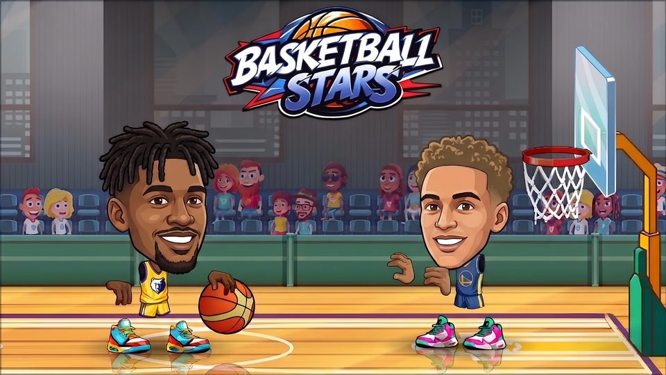 Two cartoon basketball players face off on an indoor court, one holding the ball, in front of a crowd.