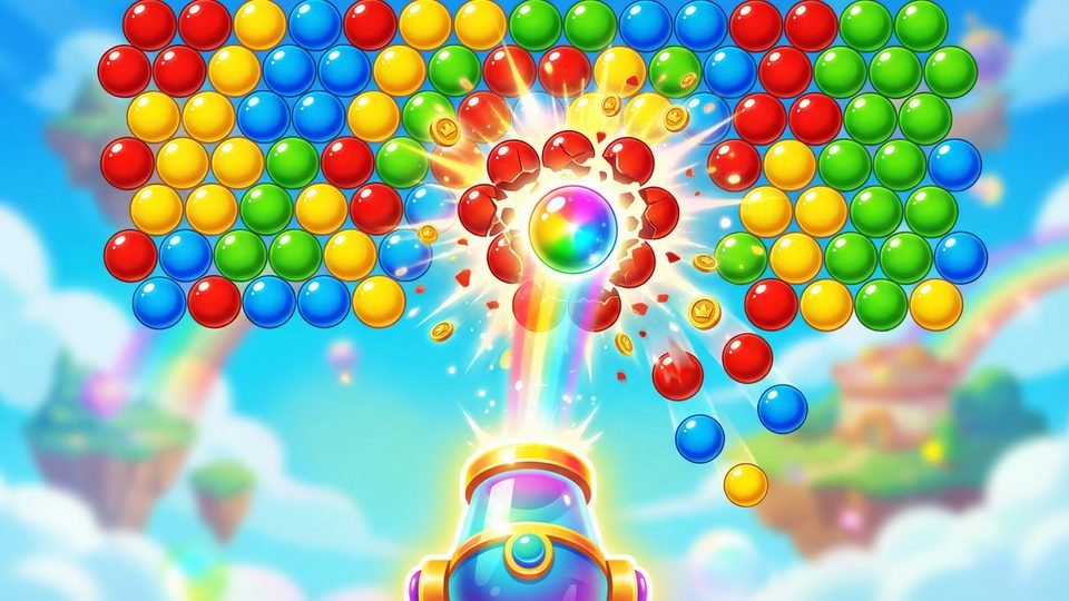 A bubble cannon fires a rainbow bubble into a wall of red, yellow, green and blue bubbles.