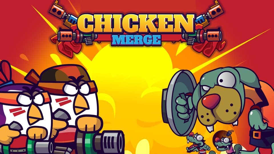 Angry cartoon chickens in helmets with toy weapons face a zombie dog under the words Chicken Merge.