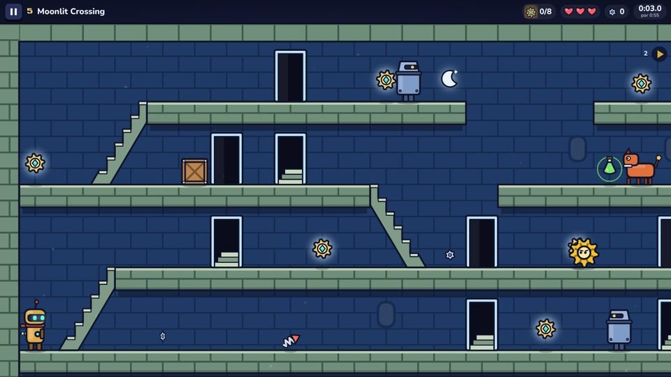 Moonlit Crossing: the tin hero on blue brick ledges linked by staircases and doors, with gears and guards.