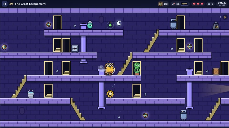 The Great Escapement: purple brick floors with pipes, crates and several clockwork guards.