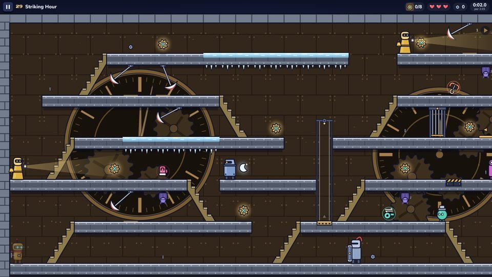 Striking Hour: ledges in front of a giant clock face, with swinging blades and a lift.