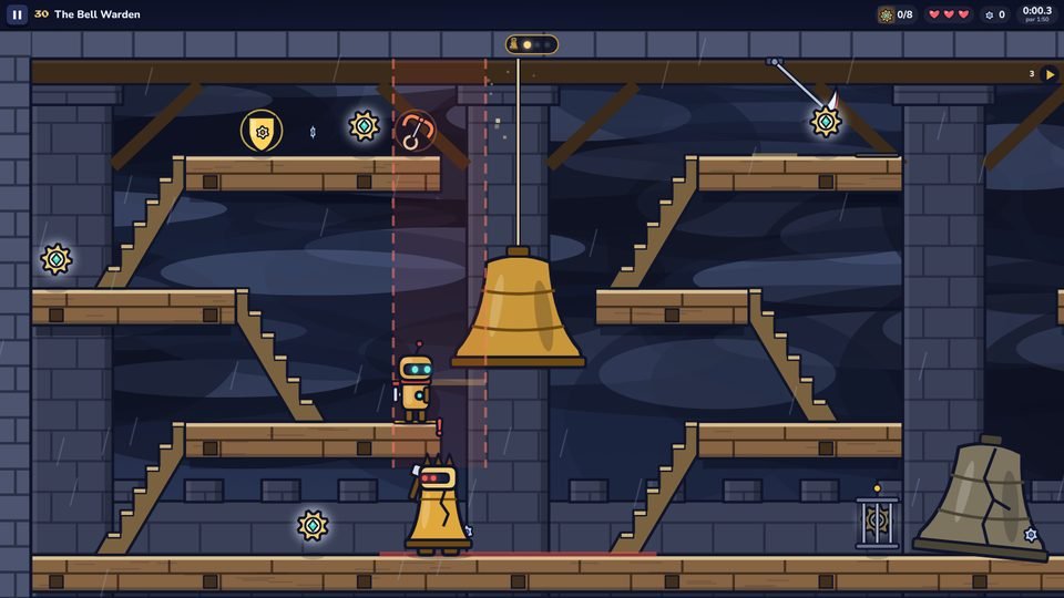 The Bell Warden boss stage: a huge bell hangs over wooden ledges while the hero dodges below.