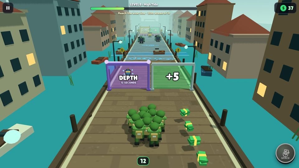 A squad of green soldiers runs along a wooden pier towards two gates, one marked plus five, with a flooded town on both sides.