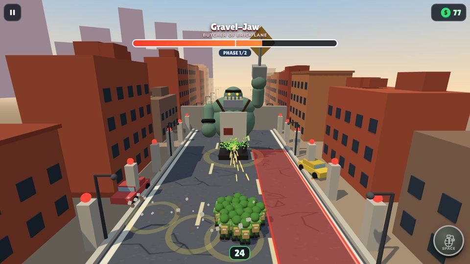 A giant green boss called Gravel-Jaw blocks a city street while the squad fires at it.