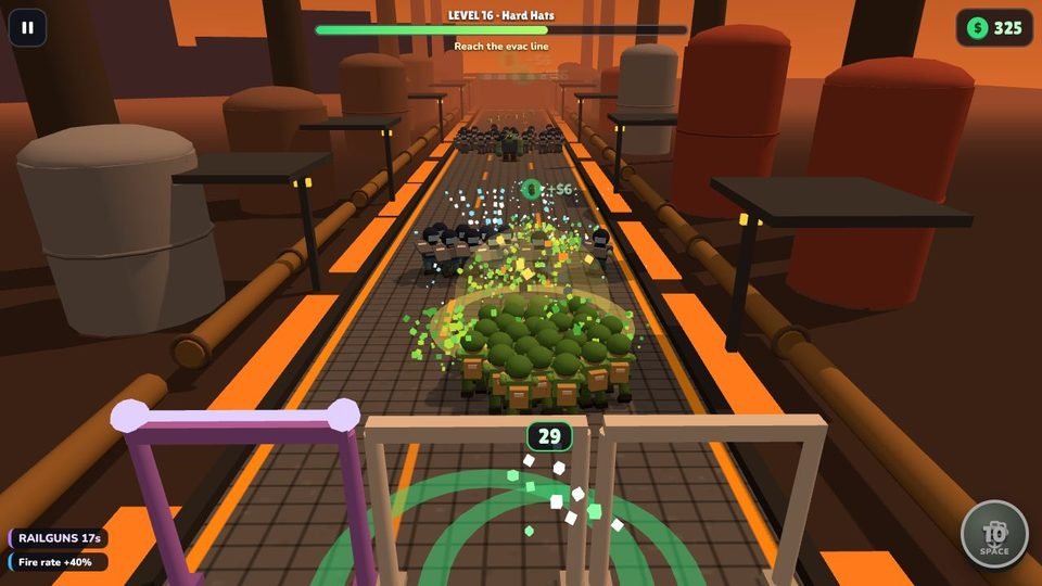 A large squad with railguns fires at a crowd of zombies on a factory walkway.