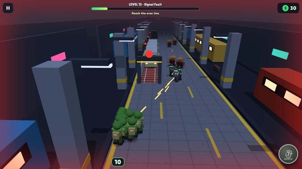 The squad runs along a metro platform beside a train track with a red signal, towards a group of zombies.