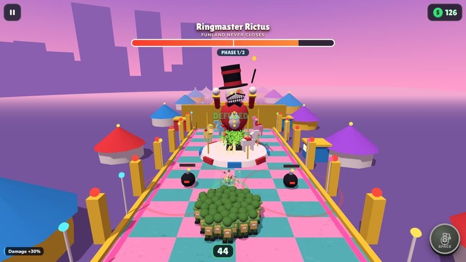 A clown boss in a top hat called Ringmaster Rictus stands in a funfair as the squad attacks.