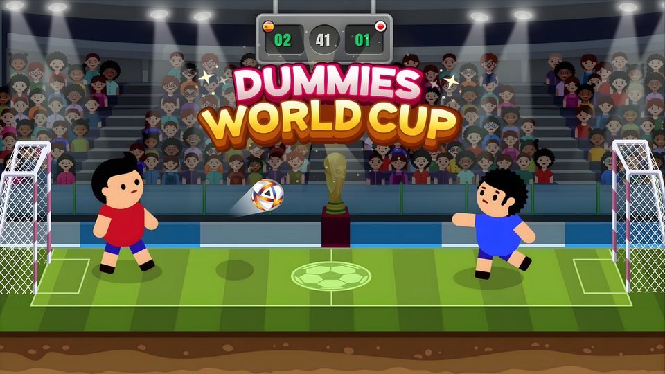 Two cartoon footballers in red and blue face each other on a pitch in a packed stadium, with a trophy between them.