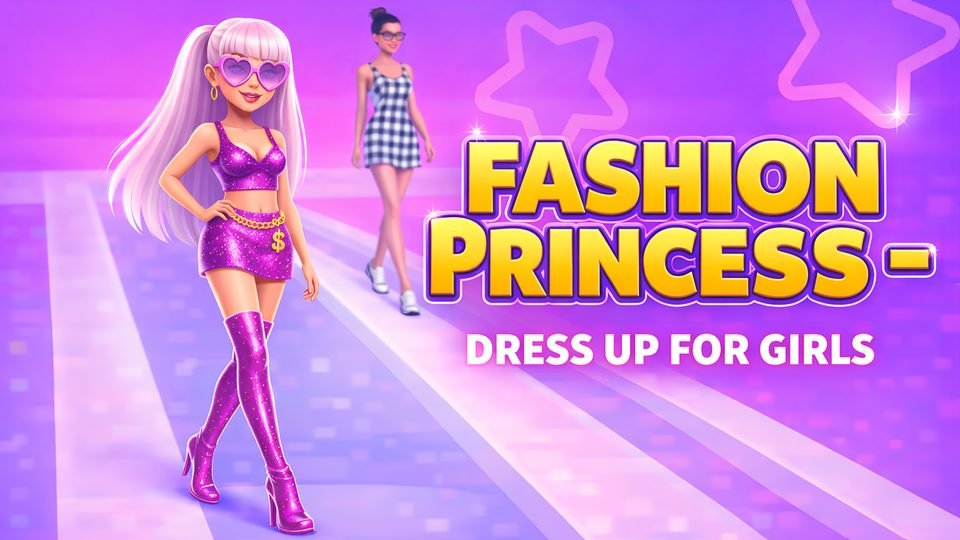 A model in a sparkly purple outfit and tall boots walks a glowing catwalk beside the words Fashion Princess.