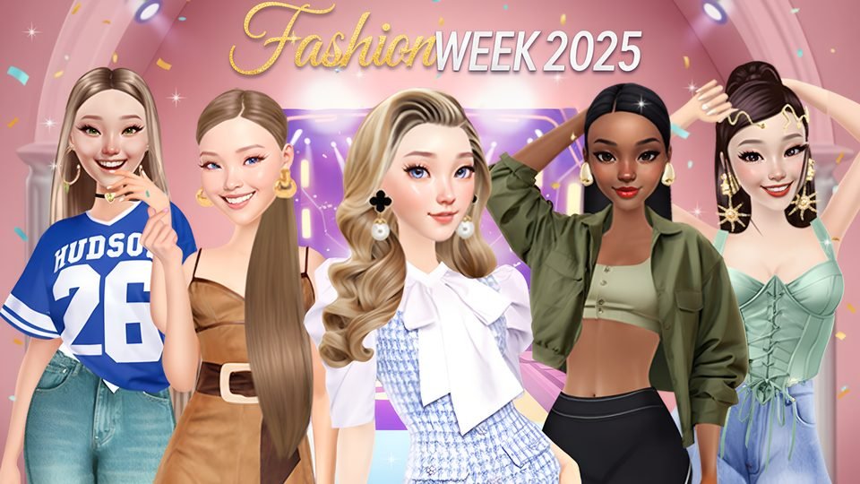 Five fashion models in stylish outfits pose under the words Fashion Week 2025.