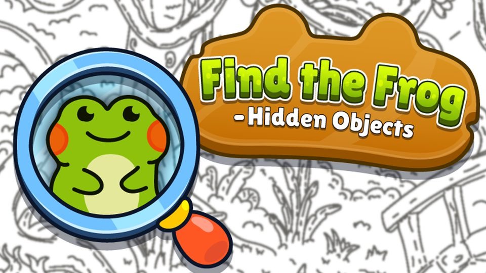 A cartoon frog seen through a magnifying glass over a black-and-white line drawing, beside the words Find the Frog.