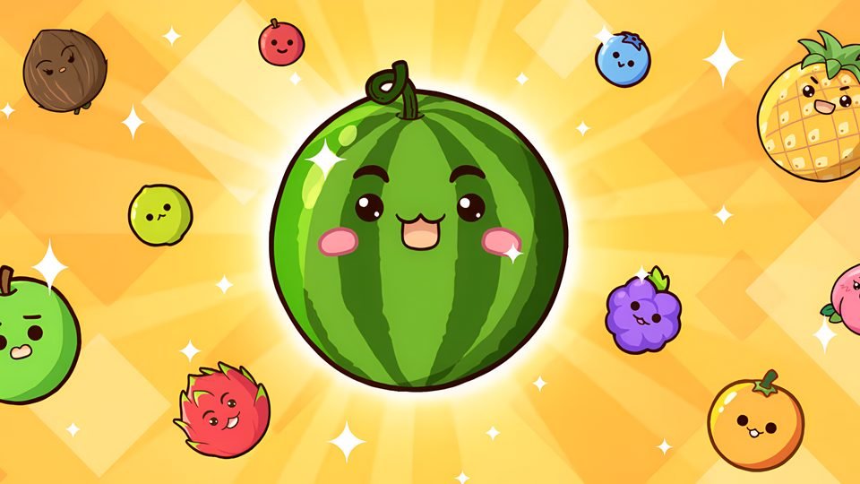 A smiling cartoon watermelon in the middle of a bright orange background, surrounded by smiling fruits.