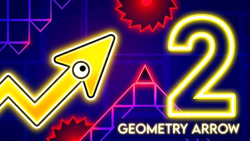 A glowing yellow zigzag arrow and a big neon number 2 against a dark blue grid with red spiked saws.