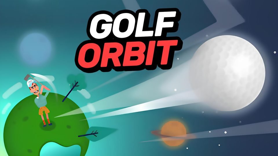 A cartoon golfer on a tiny green planet watches a huge golf ball fly off into space.