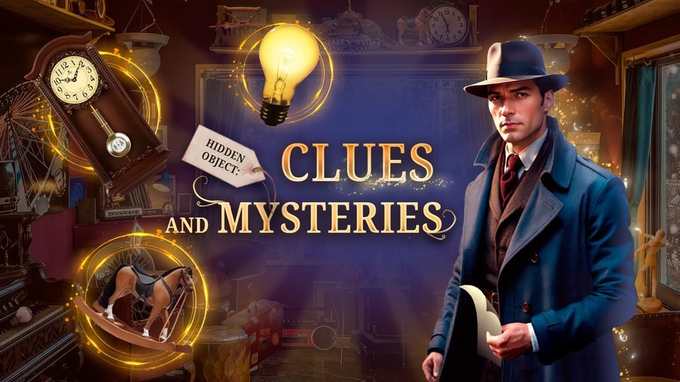 A detective in a hat and long coat stands in a room full of clocks and curios, next to the words Clues and Mysteries.