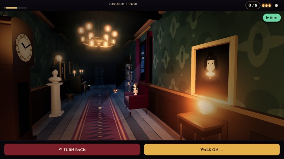 The ground floor hallway in 3D: a grandfather clock, candles, a portrait of a lady, and the Turn back and Walk on buttons.