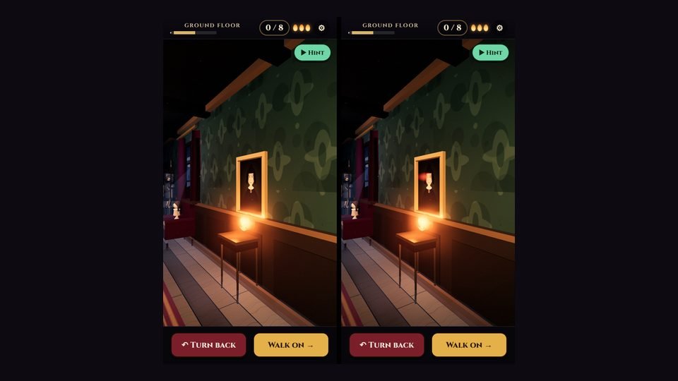 Spot the difference on a phone: the same hallway twice, and in the second the painted lady has opened her eyes.