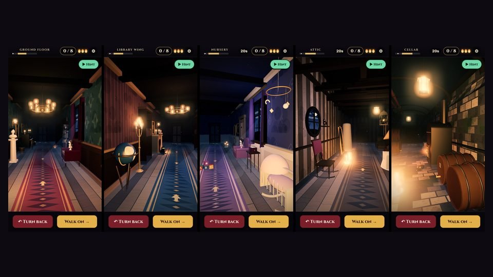 The five floors of the manor on phones: ground floor, library wing, nursery, attic and cellar.