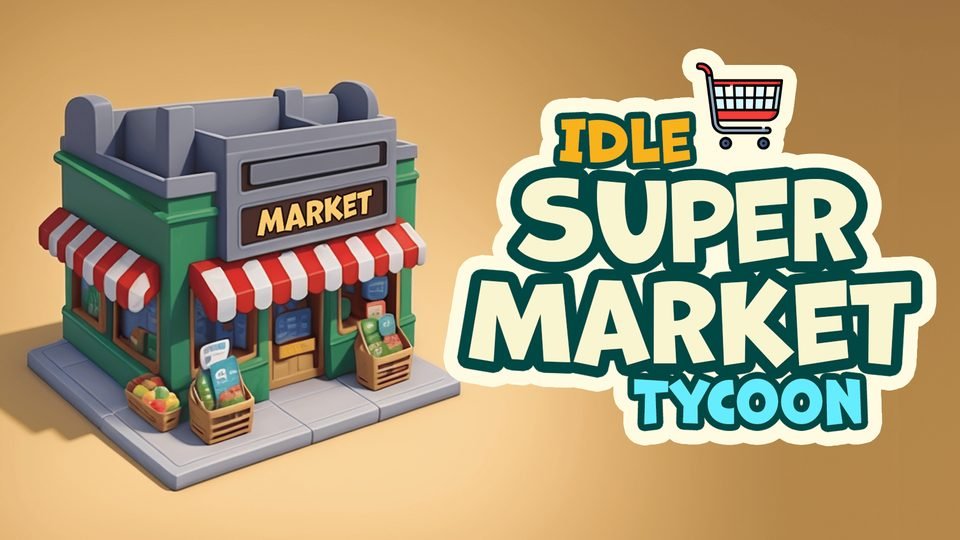 A small cartoon supermarket with a striped awning, next to the words Idle Supermarket Tycoon.