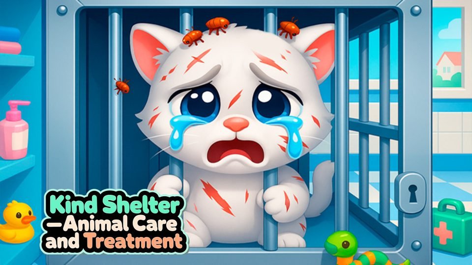 A sad white kitten with tears and scratches waits in a cage at an animal shelter.