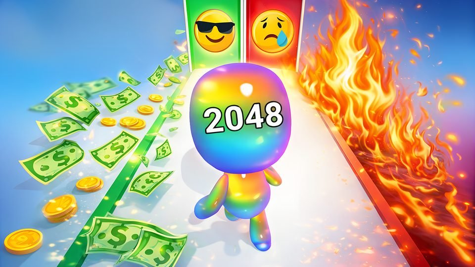 A rainbow jelly runner showing the number 2048 races along a track lined with banknotes, beside a wall of fire.