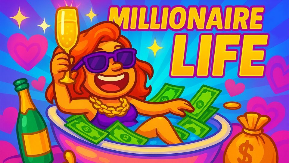A cartoon woman in sunglasses relaxes in a bathtub full of banknotes, under the words Millionaire Life.