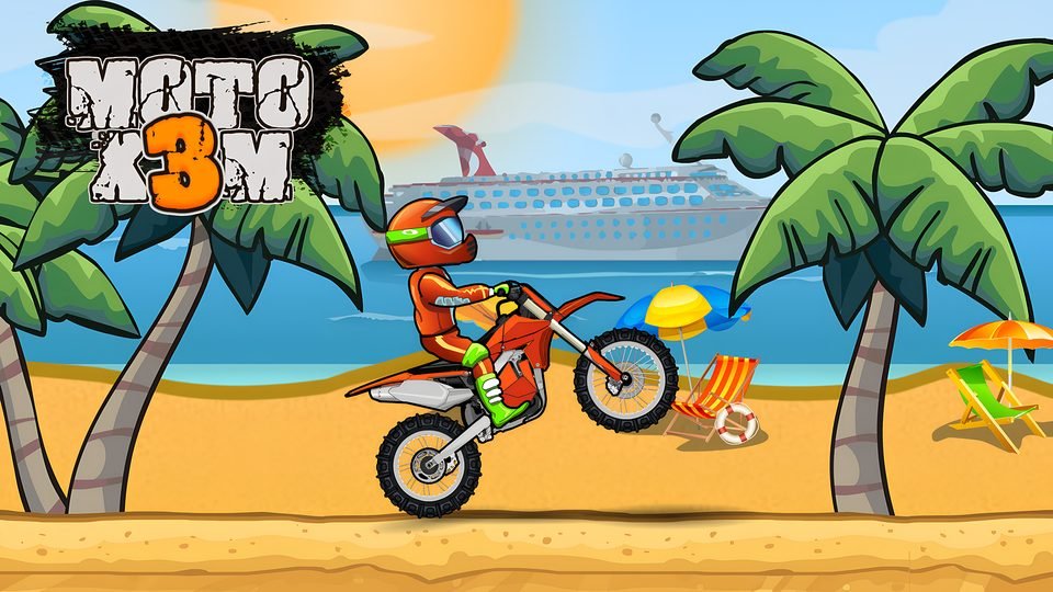 A rider in an orange helmet does a wheelie on a dirt bike along a sunny beach with palm trees and a cruise ship behind.