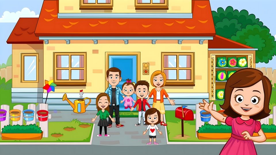A cartoon family stands outside a colourful two-storey house with a garden and flowers.