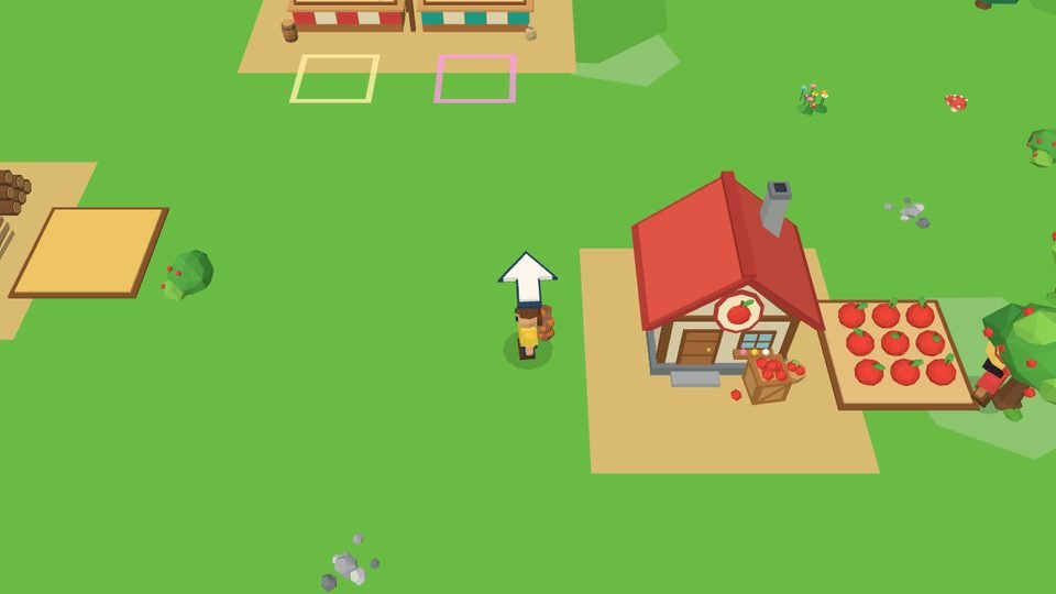 A low-poly island with a red-roofed orchard hut, a crate of apples and a small character standing nearby.