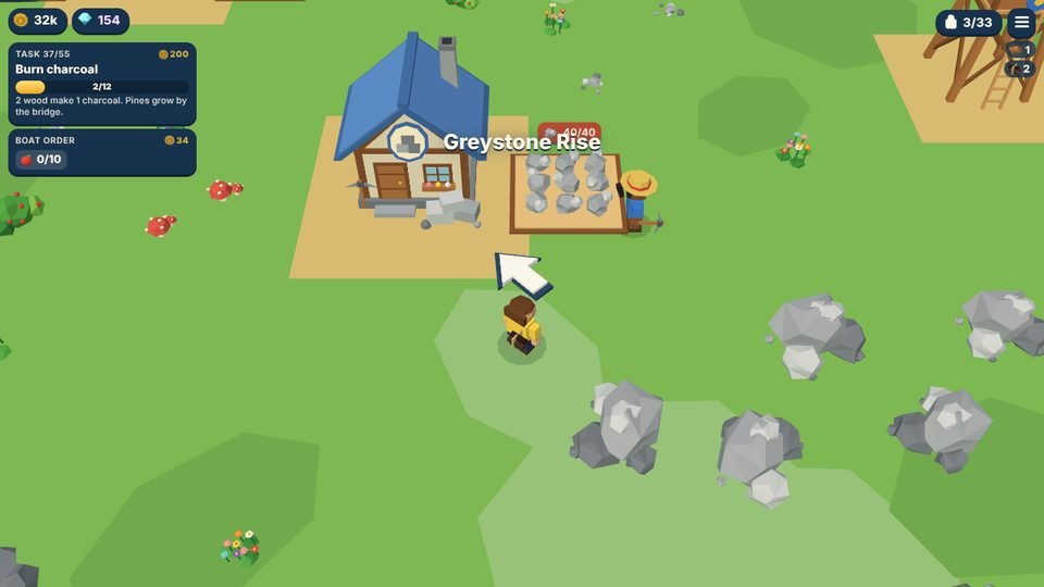 A blue-roofed stone hut with a pile of stone blocks on Greystone Rise, with grey rocks to mine.