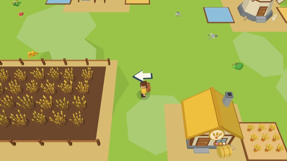 A wheat field and a yellow-roofed bakery hut on Goldgrain Flats.