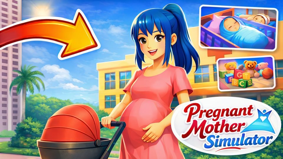 A smiling young woman, expecting a baby, pushes a pram past a building, with pictures of a baby and toys beside her.