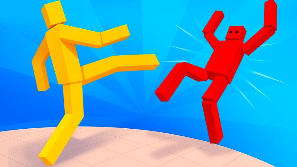 A yellow ragdoll fighter kicks a red one on a bright blue background.