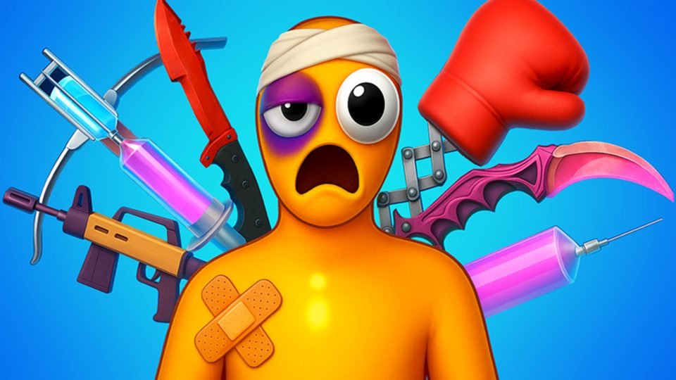 A bandaged orange cartoon ragdoll with a black eye, surrounded by a boxing glove and cartoon weapons on a blue background.