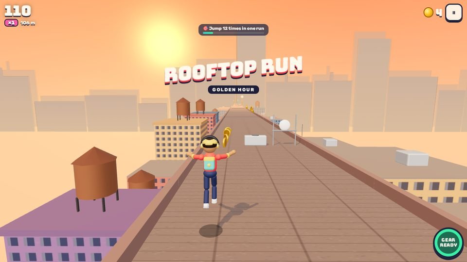 A courier runs along a sunny rooftop at golden hour under the words Rooftop Run.