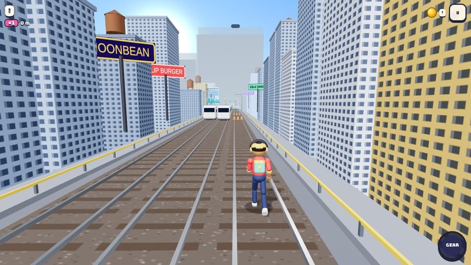 The courier runs along railway tracks between tall city buildings, with a train ahead.