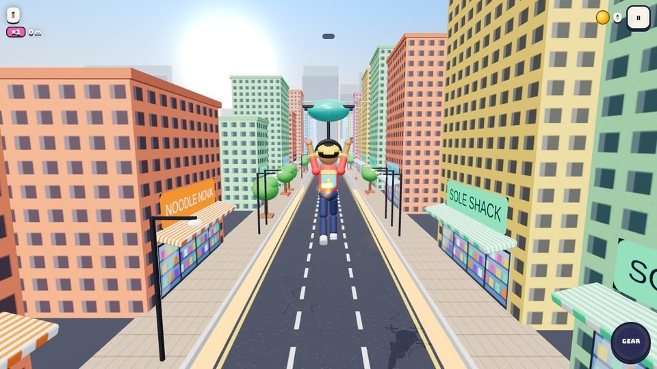 The courier glides under a hovering drone down a city street lined with shops.
