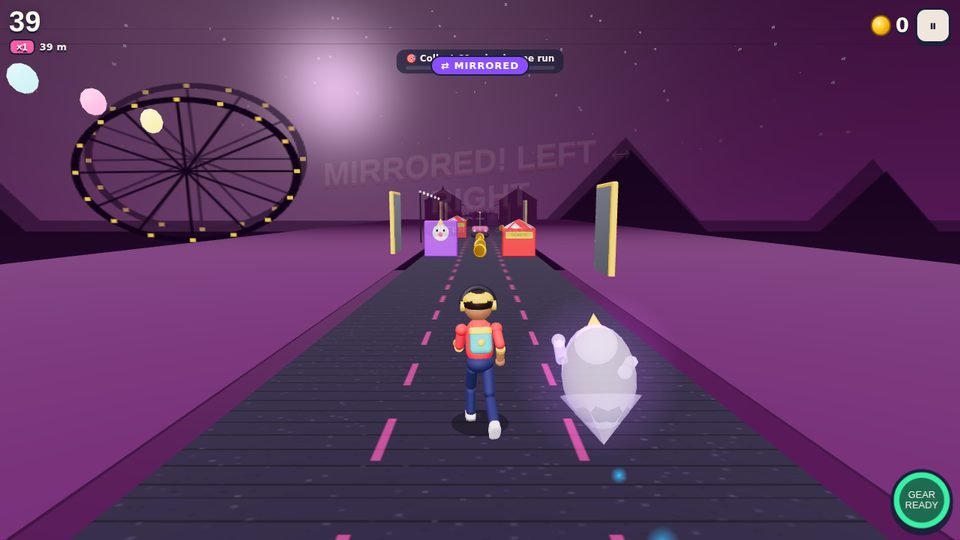 The courier runs through a purple haunted carnival with a Ferris wheel, chased by a ghostly figure.