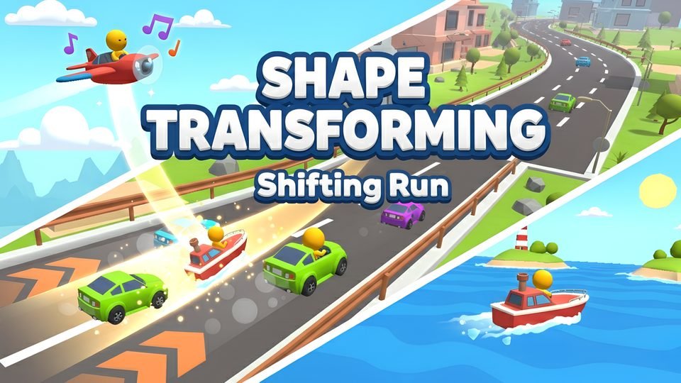 Cartoon cars, a boat and a small plane race along a seaside road under the words Shape Transforming: Shifting Run.