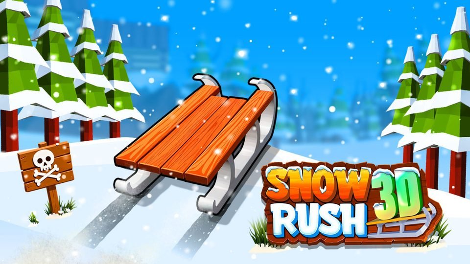 A red wooden sled on a snowy slope between pine trees, beside a skull warning sign and the words Snow Rush 3D.