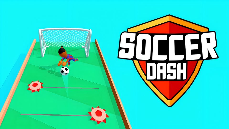 A footballer kicks a ball along a green pitch towards a goal past spiked traps, beside the Soccer Dash logo.