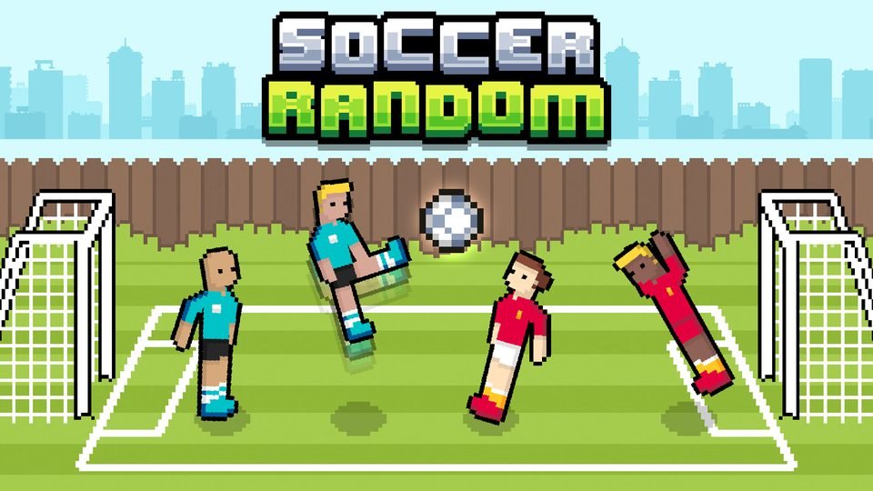 Four pixel-art footballers flail at a ball between two goals on a green pitch.