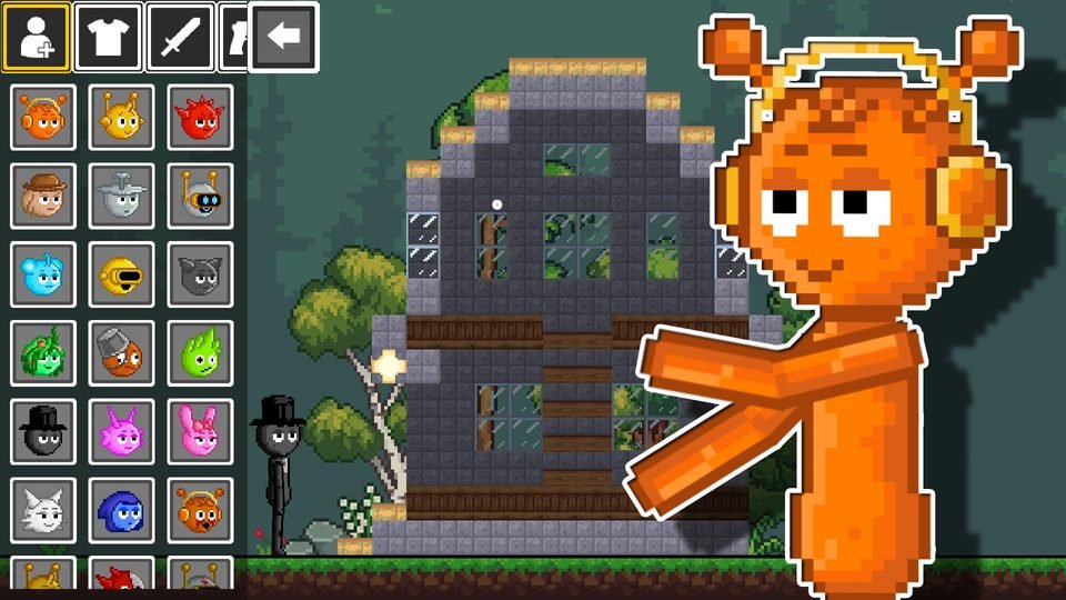 A big orange cartoon character with headphones stands beside a pixel-art building, with a menu of characters on the left.