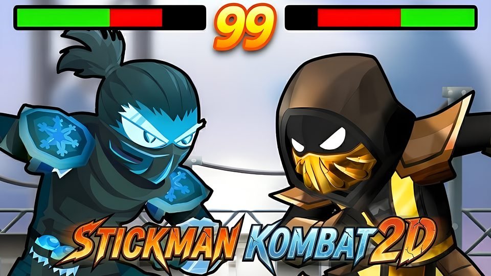 Two masked stickman ninjas, one in blue and one in yellow, face each other under their health bars.