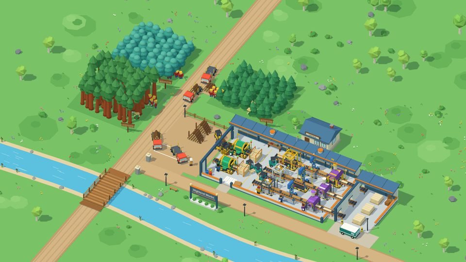 A large sawmill packed with machines at Highland Works, with log trucks and forests around it.