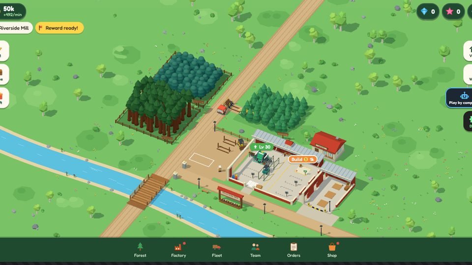 The first small mill at Riverside, with forests, a river and a wooden bridge.