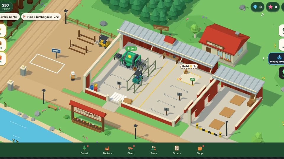 A close view of the factory floor with a saw, a forklift and building pads.