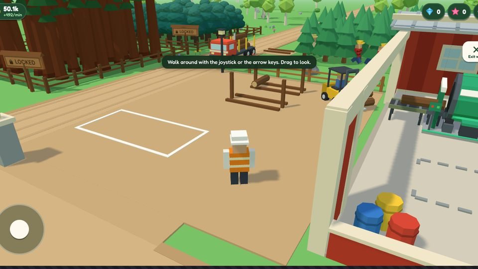Walk mode: the foreman in a hard hat stands in the yard, with a joystick on screen.